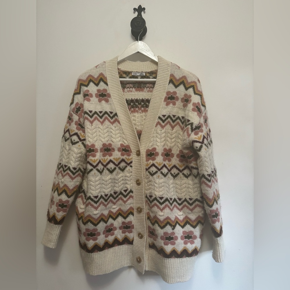 Cottagecore Cream and Pink Patterned Cardigan